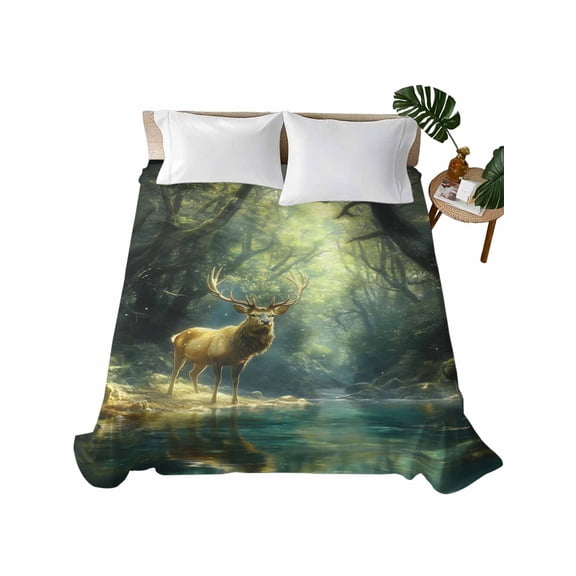Full Flat Sheet 81"x96", Green Forest Deer Soft Lightweight Bedding Flat Sheets Only, Fantasy Vintage Nature Scenery Brushed Microfiber Top Bed Sheet, Breathable StainResistant Bedsheets