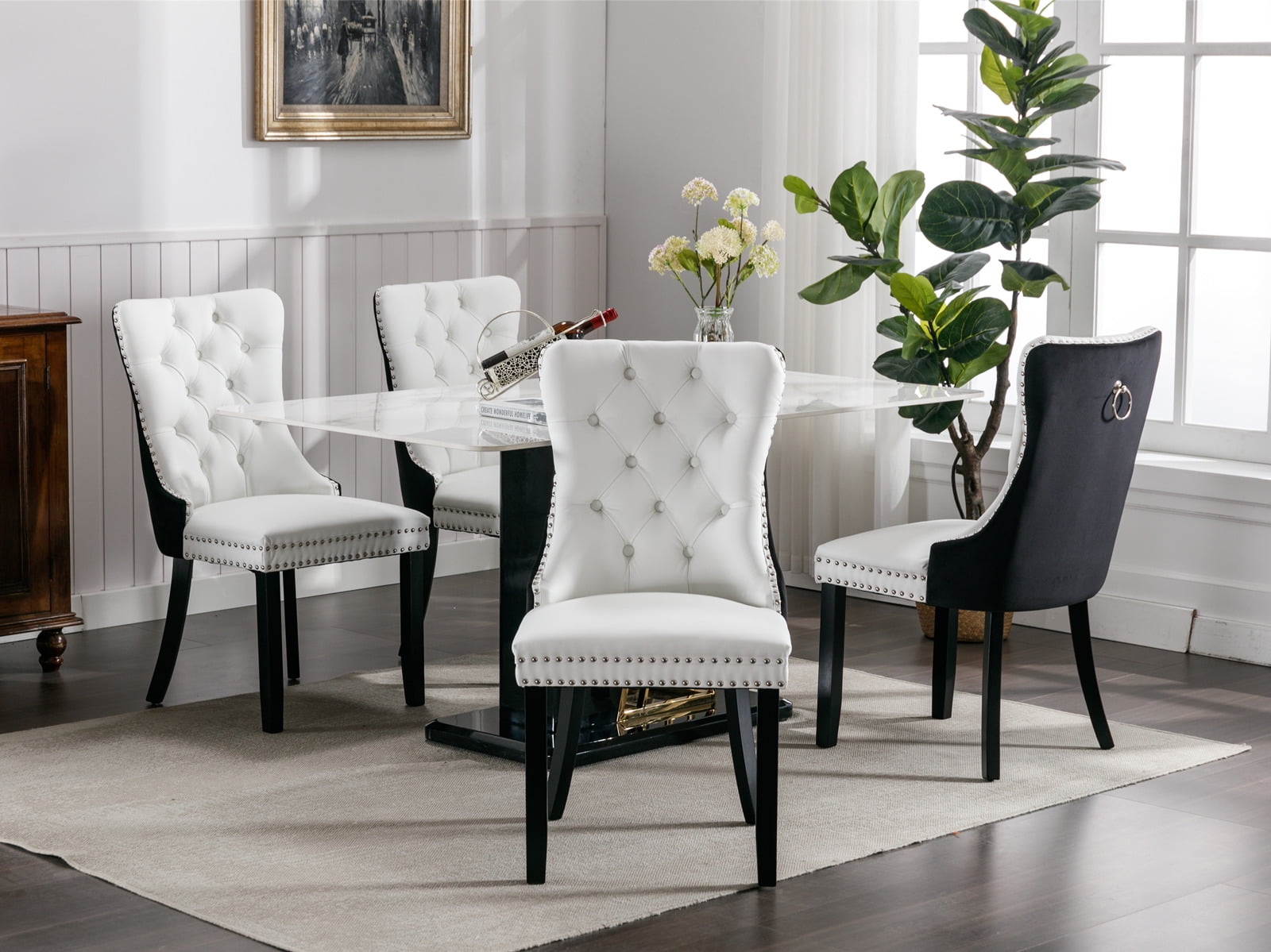 Gewnee 2 Piece Sets Modern High-end Tufted Solid Wood Contemporary PU and Velvet Upholstered White+Black Dining Chair with Wood Legs Nailhead Trim
