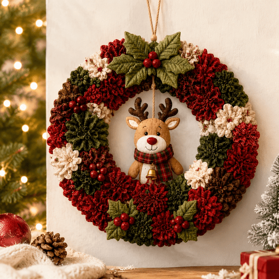 3D Fabric Poke Wreath DIY Kit 9.84in with Cute Reindeer and Plaid Scarf for Adults Christmas Craft and Holiday Door Hanging Decor