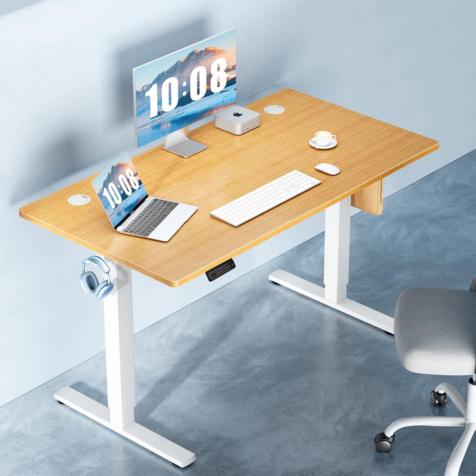Kelno 48" Electric Standing Desk Height Adjustable Sit-Stand Desk with 3 Memory Presets Splice Desktop, Oak
