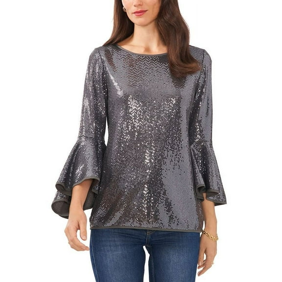 Vince Camuto SILVER Women's Metallic Knit Flutter Sleeve Top, US M