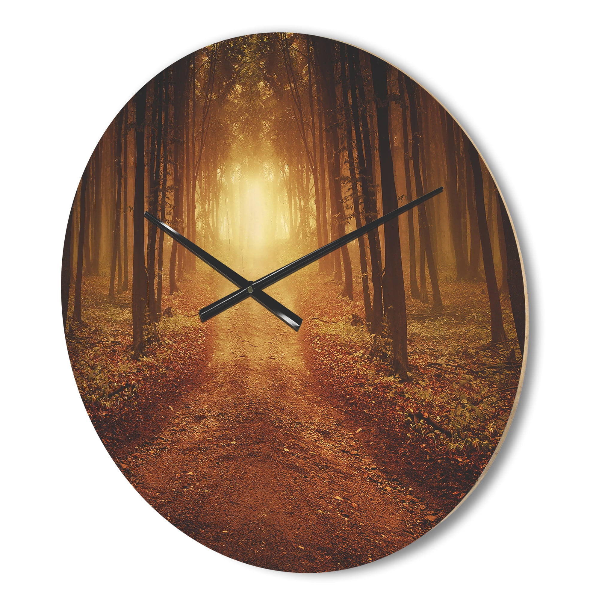 Designart 'Road in Symmetrical Forest During Sunset Light' Rustic Wood Wall Clock