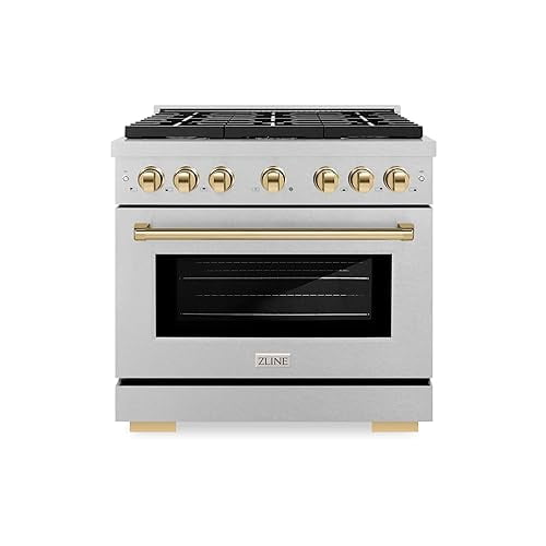 ZLINE Autograph Edition 36 in. 5.2 cu. ft. Paramount Dual Fuel Range with 6 Burner Gas Cooktop and Electric Convection Oven in DuraSnow Stainless Steel with Polished Gold Accents (SDRSZ-36-G)