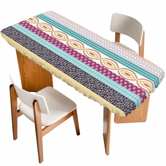 Bohemia Ethnic Table Cloths for 8 Foot Rectangle Tables, Boho Tribal Teal Orange Purple Stripes Leaves Patio Waterproof Elastic Fitted Tablecloths, Washable Rectangular Table Cover for Camping