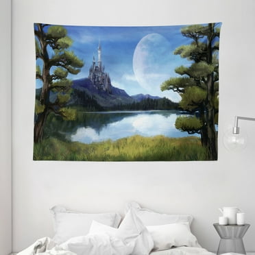 Fantasy Decor Tapestry, Moon Surreal Scene with Riverside Lake Forest and Medieval Castle on Hill Art, Wall Hanging for Bedroom Living Room Dorm Decor, 80W X 60L Inches, Green Blue, by Ambesonne