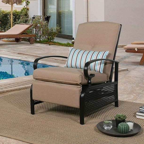 Ulax Furniture Indoor Outdoor Recliner Chair Patio Metal Lounge Reclining With Olefin Cushion Beige Com - Patio Furniture Reclining Chairs