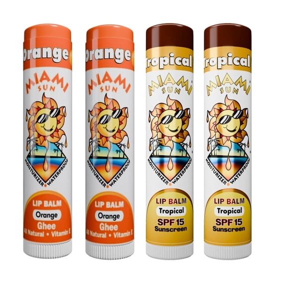 Miami Sun Lip Balm Variety Pack, Natural Orange With Ghee   Tropical SPF15 Sunscreen Lip Balm, Hydrating Formula, 4 Count
