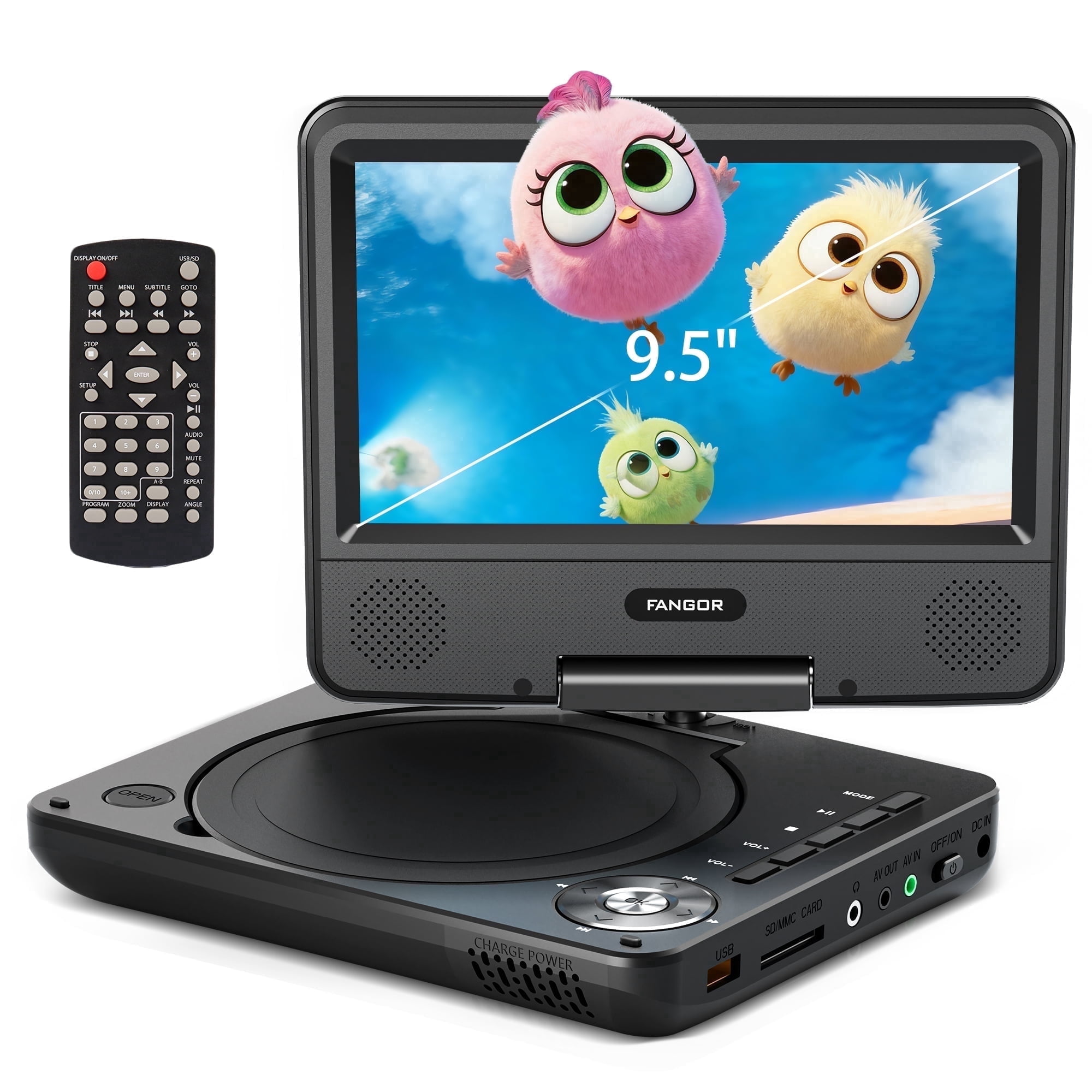 FANGOR Portable DVD Player, 9.5inch Kids CD dvd player with 7in Screen, 4 Hours Rechargeable Battery, Dual Speakers, Remote Control, Support USB/SD Card/Sync TV, Perfect Gift for Child /Seniors