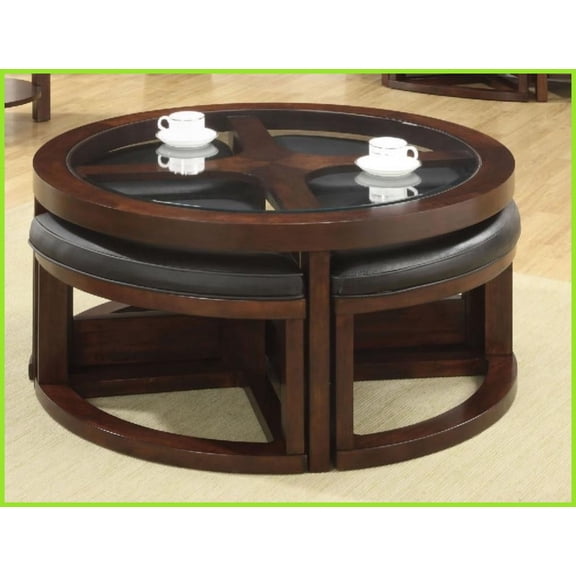 Dark Walnut Transitional Living Room Coffee Table with 5mm Beveled Glass Top & Included Ottomans, Multi-Functional