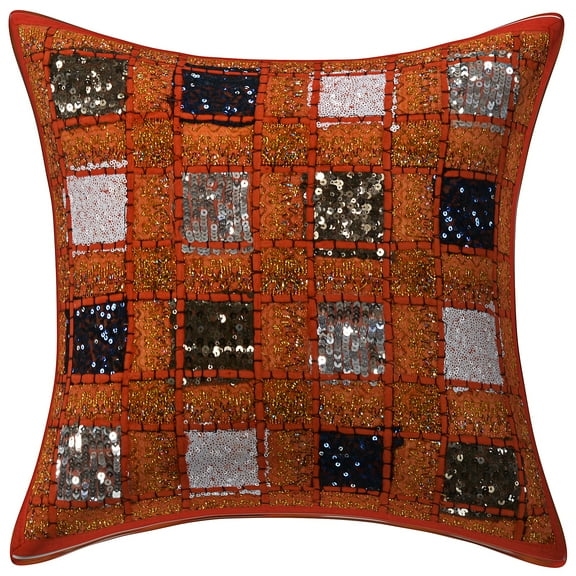Stylo Culture Ethnic Chair Seat Throw Pillow Cover 16x16 Patchwork Embroidered Orange Sequins 40cm x 40cm Home Decor Cotton Geometric Square Cushion Cover | 1 Pc