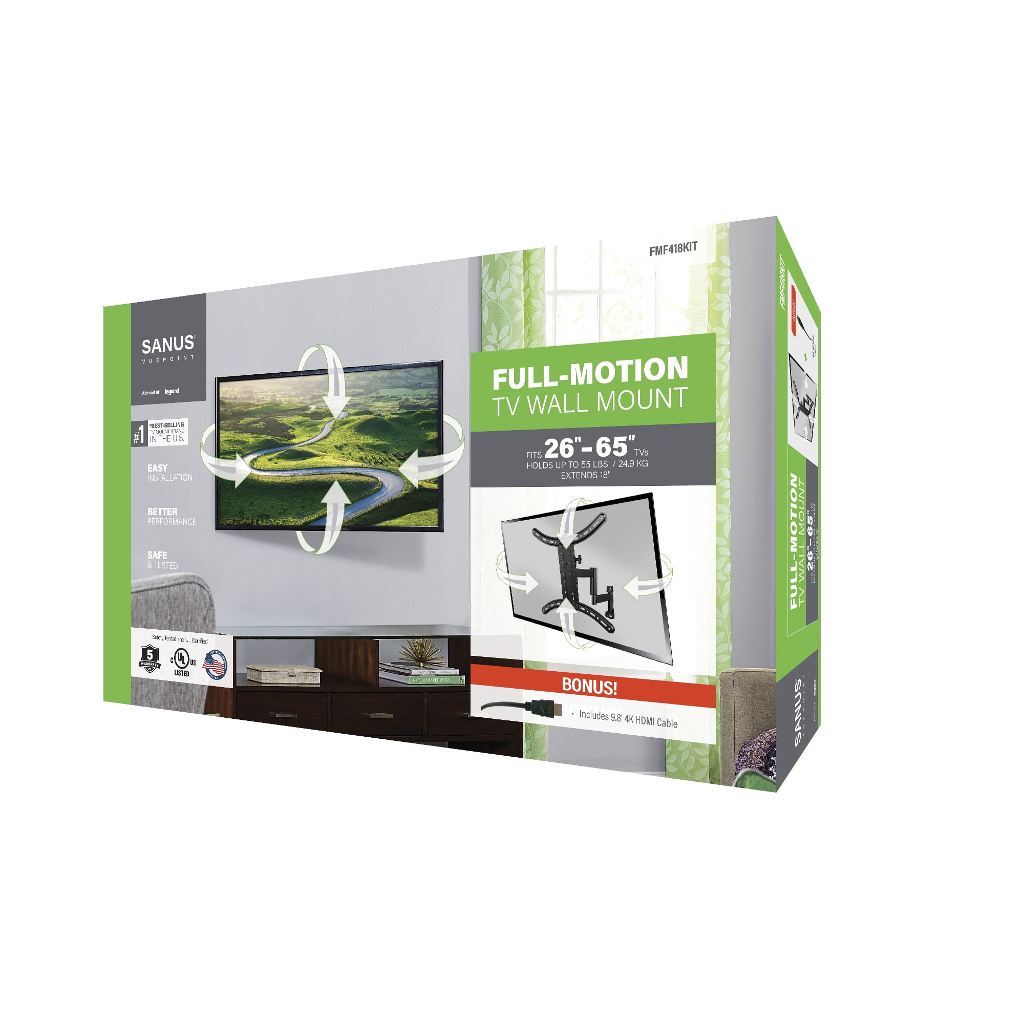 Sanus Vuepoint FMF418KIT Full-Motion TV Mount for 32"-55" TVs Comes with 9.8' 4K HDMI Cable