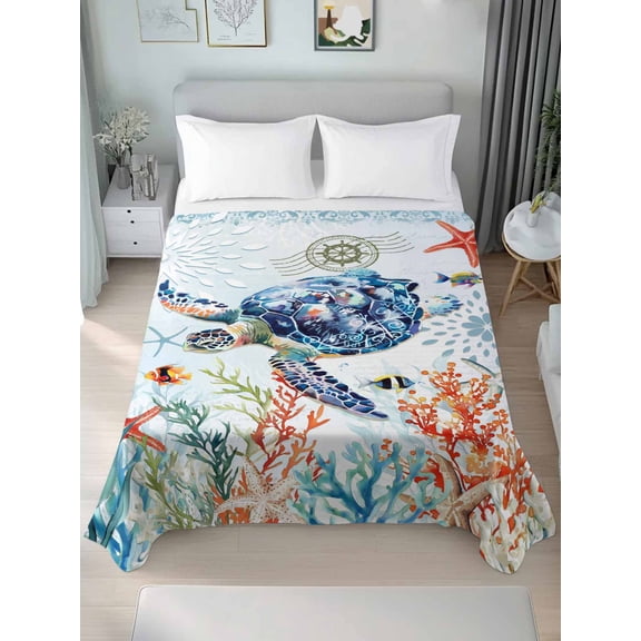 Sea Turtle Coastal Queen Size Flat Sheet, Wrinkleproof & Fadeproof Cooling Flat Bed Sheet Only, Summer Beach Coral Ocean Nautical Breathable Soft Bedding Top Sheets 90 x 102 Inches