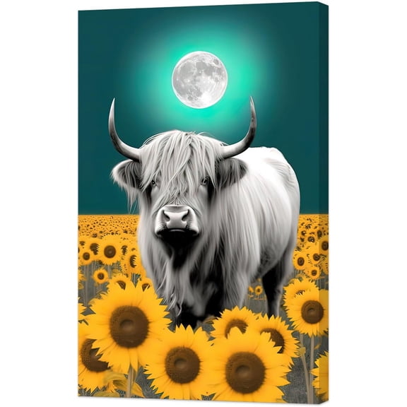 LZIMU Highland Cow Canvas Wall Art Sunflower Cattle And Teal Moon Pictures Farmhouse Animal Landscape Painting Prints for Home Decor Framed (12.00" x 18.00")