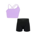 thumbnail image 4 of Raenseen Kids Girls Yoga Workout Outfit Asymmetrical Spaghetti Shoulder Straps Strappy Back Crop Top Purple&Black 8, 4 of 9