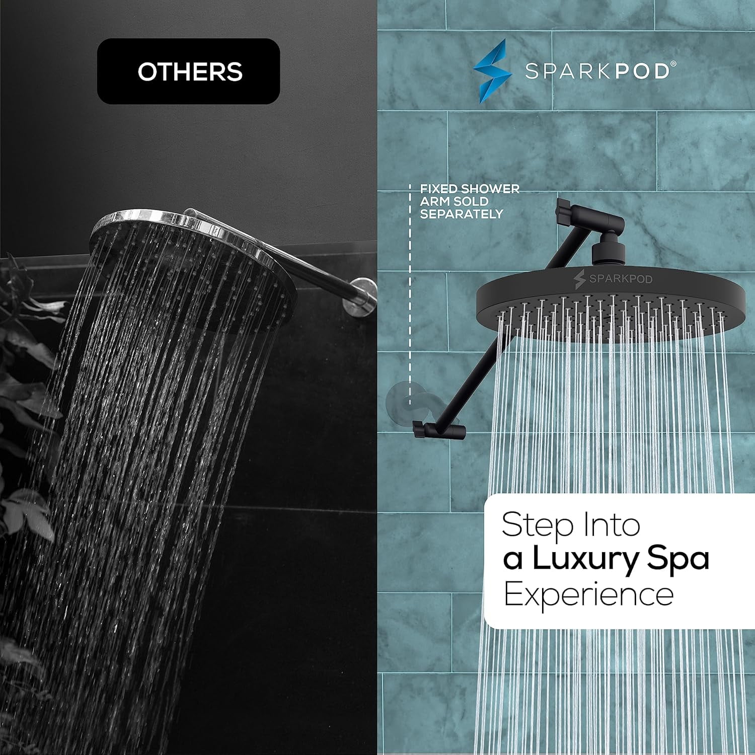 SparkPod Rain Shower Head with Adjustable Extension Arm 16" - High Pressure, Easy Install (8" inch Shower head, Black Matte)