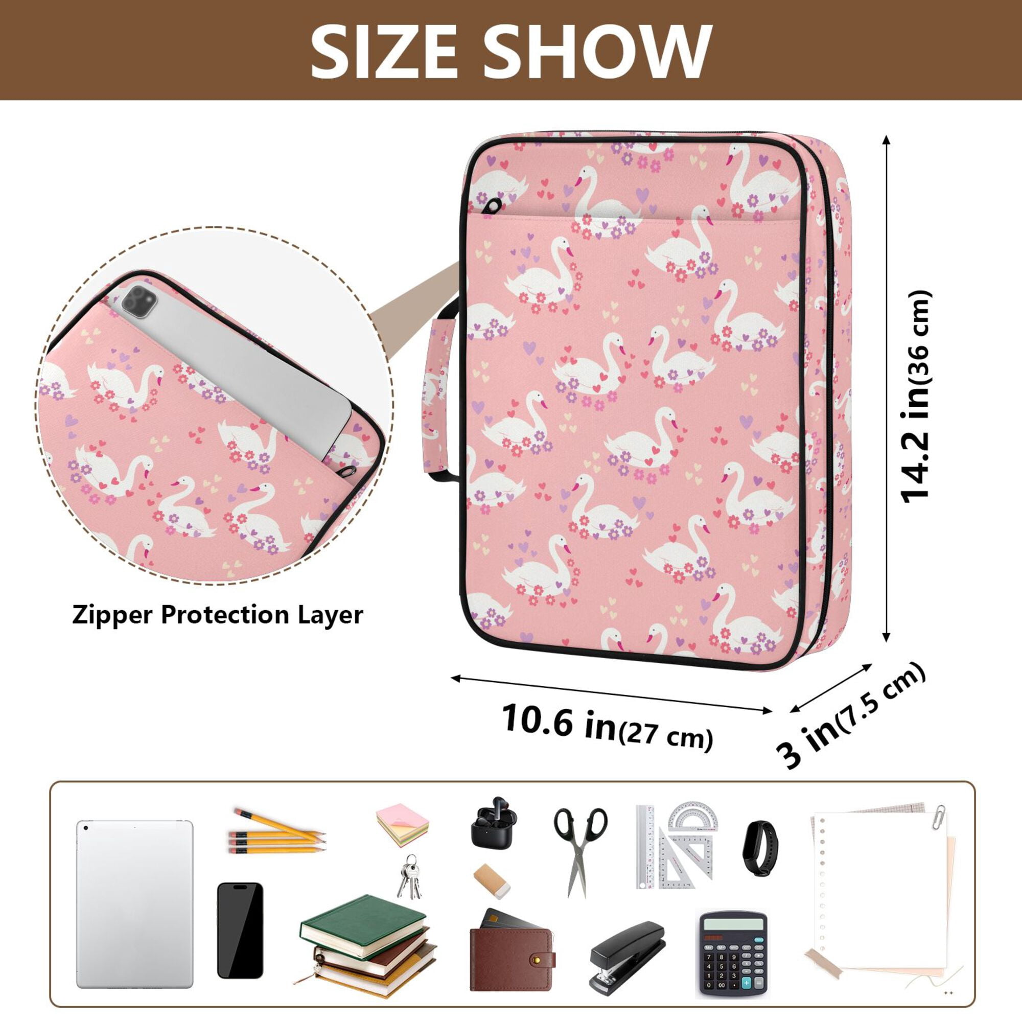 FORMRS Accordion File Folder A4 Size 7-Pocket Expanding Document Organizer Bag with 3 Ring Binder, Pink Cartoon Swans Pattern