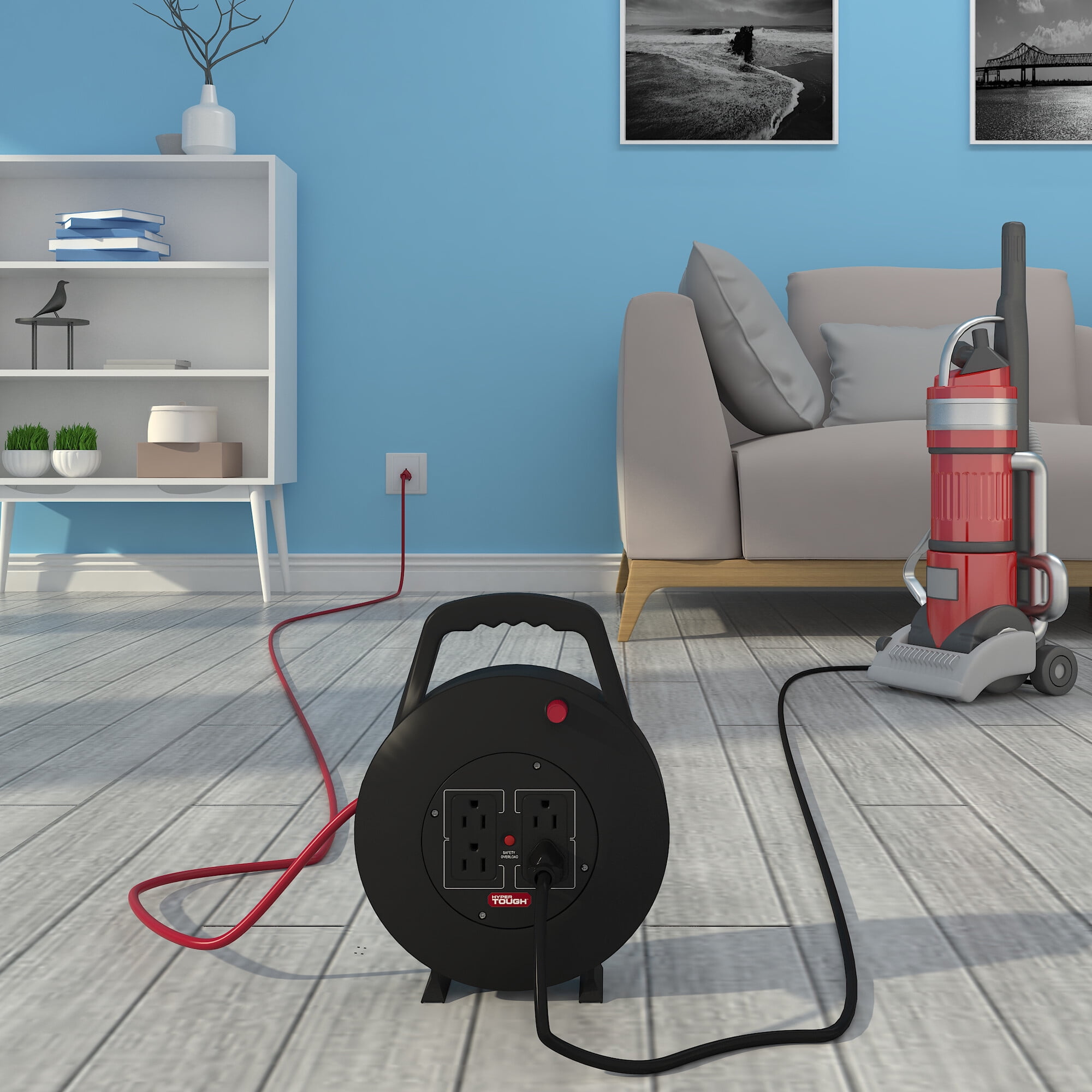 Hyper Tough Extension Cord Reel with 4 Outlets, 25 Foot, Black/Red, 1 Piece