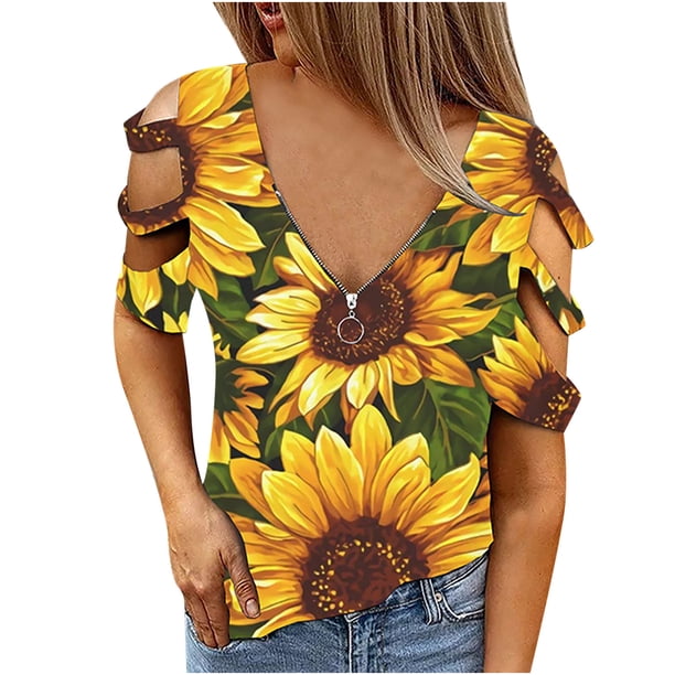 Moda mujer elegante sexy media manga V-cuello cremallera impresión ahueca hacia fuera camiseta blusa Tops Pompotops hfajkhk128908
