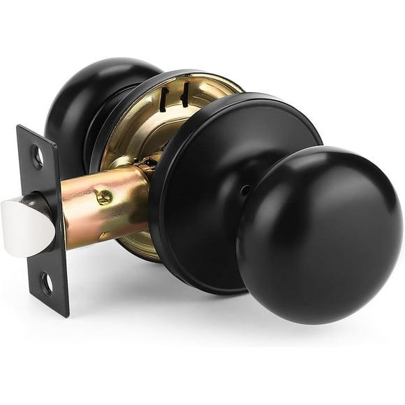 shiyou-1 Pack Matte Black Door Knob Interior, Passage Door Knob Handles Non-Locking, Flat Ball Knob Closet/Hall Doorknob Keyless, Solid Stainless Steel Door Handle Lock, Reversible for Right or Left