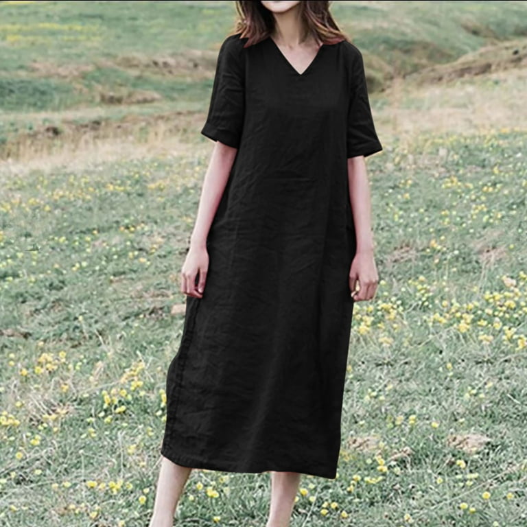 CLEARANCE Black Flowy Dress Cotton Dress Short Sleeve Dresses for