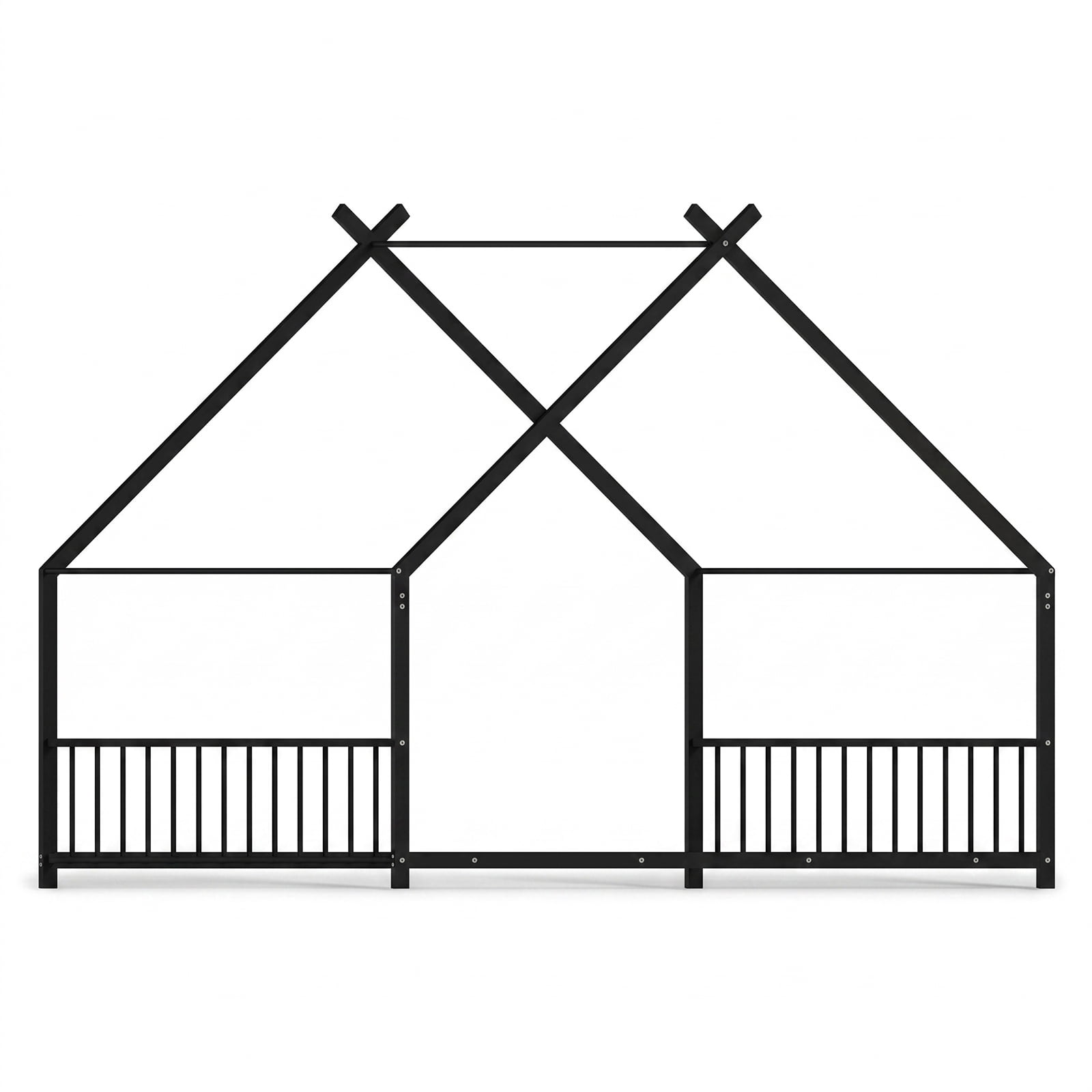 Full Size Metal House Bed Frame, Montessori Floor Bed with Safety Side Guard Rails, No Box Spring Needed, House-Shaped Platform Bed for Kids Toddlers Boys Girls, Black