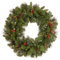 National Tree Company Pre-Lit Artificial Christmas Wreath, Green, Crestwood Spruce, White Lights, Decorated with Pine Cones, Berry Clusters, Frosted Branches, Christmas Collection, 24 Inches