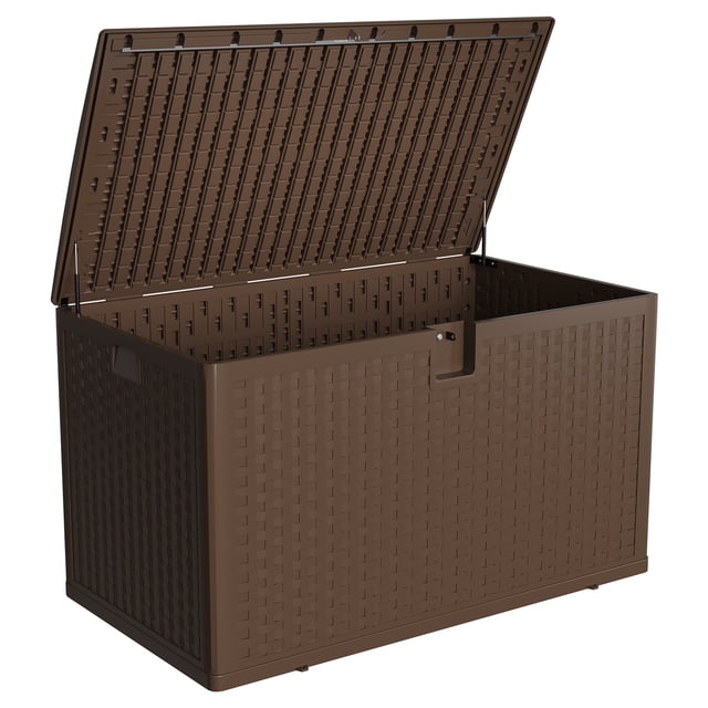 Coffre de Terrasse Extérieur en Résine de 120 Gallons – Grand Coffre de Rangement Résistant aux Intempéries – Couvercle Verrouillable et Étanche – Idéal pour Coussins de Patio, Outils de Jardin, Accessoires de Piscine – Brun, Tige Pneumatique