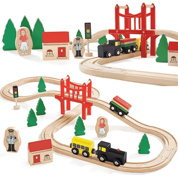 HYPERLIVING Wooden Train Set for Toddler - 39 Piece- with Wooden Tracks Fits Thomas, Brio, Chuggington, Melissa and Doug- Expandable, Changeable-Train Toy for 3 4 5 Years Old Girls & Boys