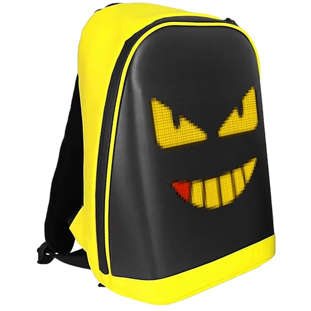 mochilas ventdepot pixelyellow 1 pza pantalla led 64x64px 25x25cm 5v/2a 15kg nailon amarillo/negro mochila PixelYellow con pantalla LED trasera 64x64 px (25x25 cm) mostrando un rostro animado; frontal negro con laterales y base amarillo, correas y respaldo acolchados, cierre de cremallera y puerto USB integrado. Se controla vía Bluetooth o WiFi desde smartphone y suele usarse también para mostrar gifs y notificaciones personalizadas.