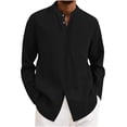 thumbnail image 2 of ZunFeo Mens Cotton Linen Band Collar Long Sleeve Shirt Casual Button Down Solid Black Regular Fit Breathable Vacation Shirt,Size XL, 2 of 6