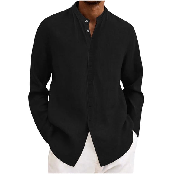 Rvwovn Men's Linen Cotton Button Down Shirt, Long Sleeve Casual Solid Summer Top with Band Collar