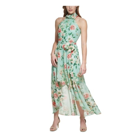 ELIZA J Womens Green Zippered Lined Tie Sheer Gathered Floral Sleeveless Mock Neck Maxi Hi-Lo Dress 10