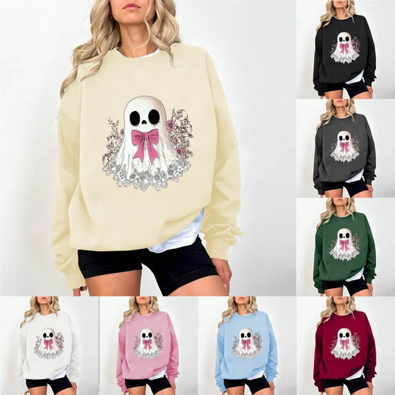Feancey Oversized Crewneck Sweatshirts for Women Halloween Ghost Print Long Sleeve Tops Funny Casual Loose Pullover Sweatshirt Teen Girl Y2K Clothes Beige XL