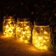 thumbnail image 1 of Encantadores tarros solares Mason, 3 unidades, vidrio y acero inoxidable: decoración colgante para exteriores con 20 luces LED cálidas, detección automática, carga rápida, perfectos para mesas de, 1 of 8