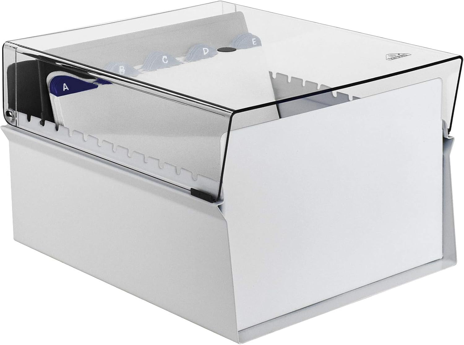 Acrimet 6 x 9 Card File Holder Organizer Box Metal Base Heavy Duty (AZ Index Cards and Divider Included) (White Color with Crystal Plastic Lid Cover)