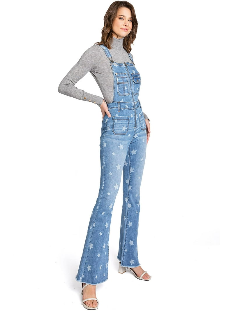 Lana Roux Womens Zipper Bib Star Print Jean Bell Bottom
