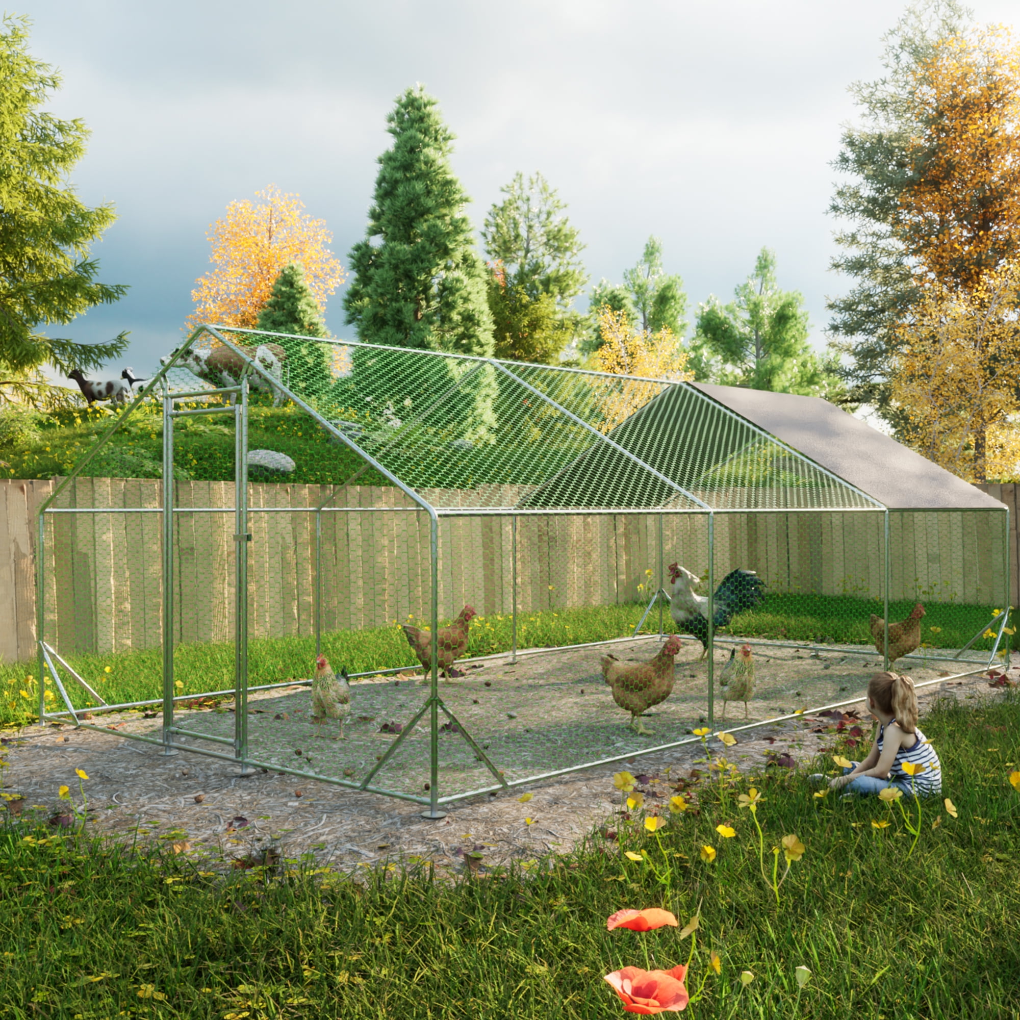 MAYEERTY 10'x20'x6.56' Metal Chicken Coop, Walk-in Poultry Pen w/UV-Proof Cover for Backyard Farm