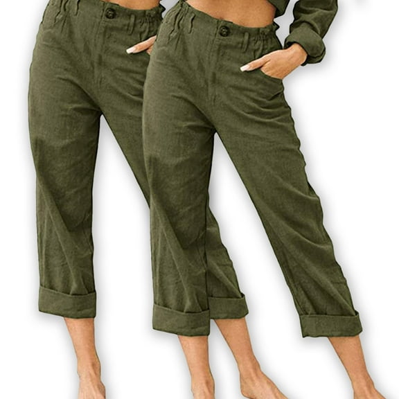 qolati 2 Pack Womens Capris Stretch Lightweight Casual Cargo Pants Cotton Linen Button Cropped Trousers Outdoor Clothes Summer Pants for Women