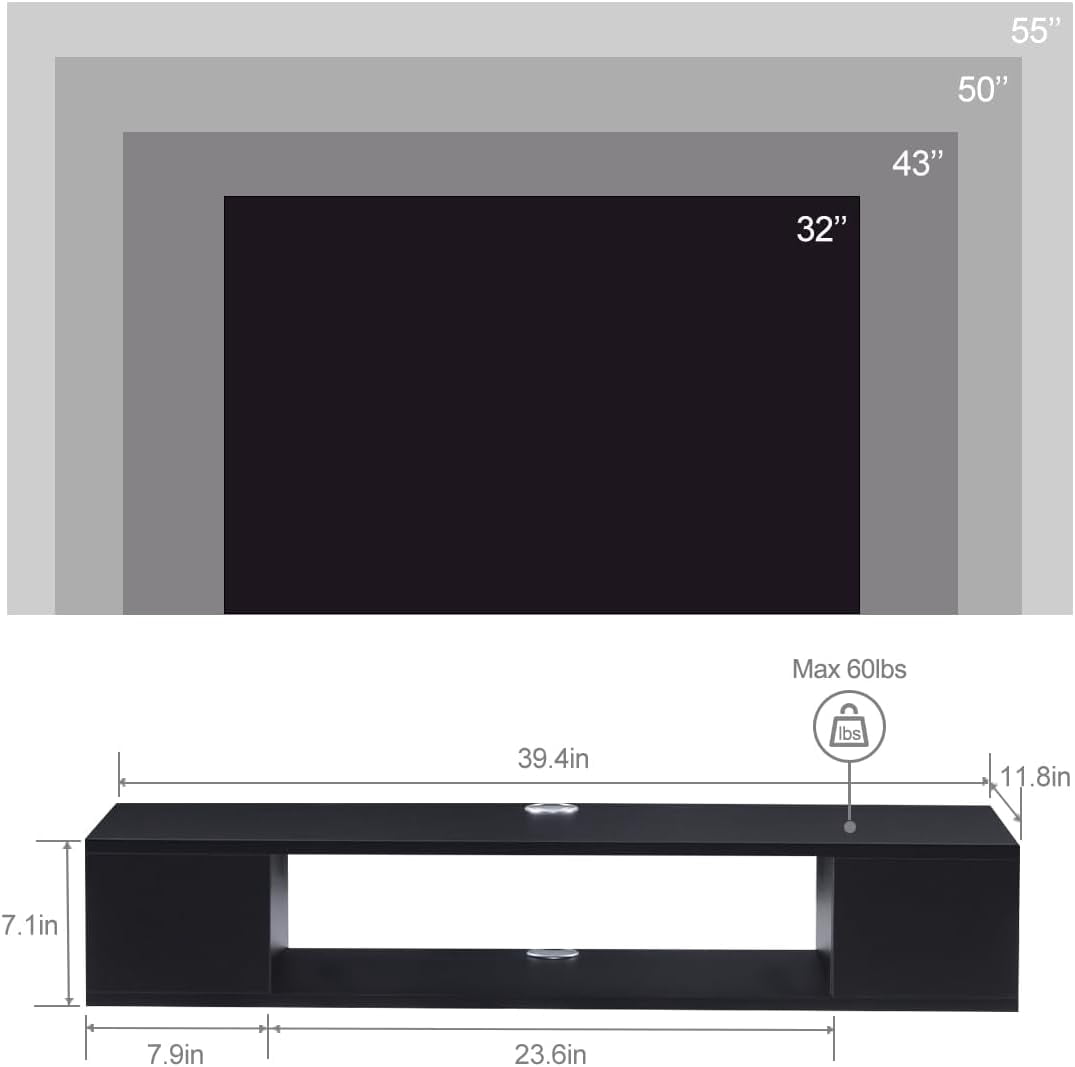 Floating TV Stand, Wall Mounted Entertainment Center and Cabinet Shelf, TV Console with Storage, Media Console for DVD Player, Space-Saving Under TV Shelf for Bedroom (Rustic Brown)