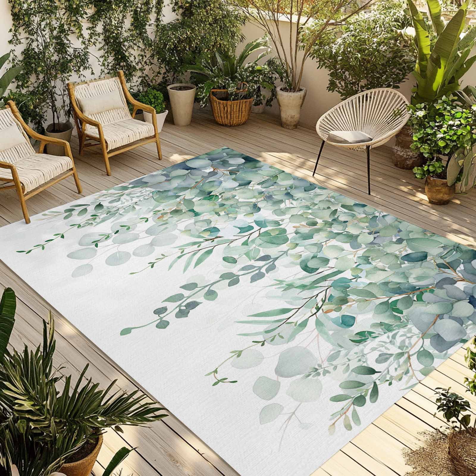 Outdoor Rug 5x8ft Sage Green Eucalyptus Large Area Rug Watercolor Leaves Indoor Outdoor Carpet Outdoor Rugs Mats for Patio Camping,RV,Front Door, Outside Decor