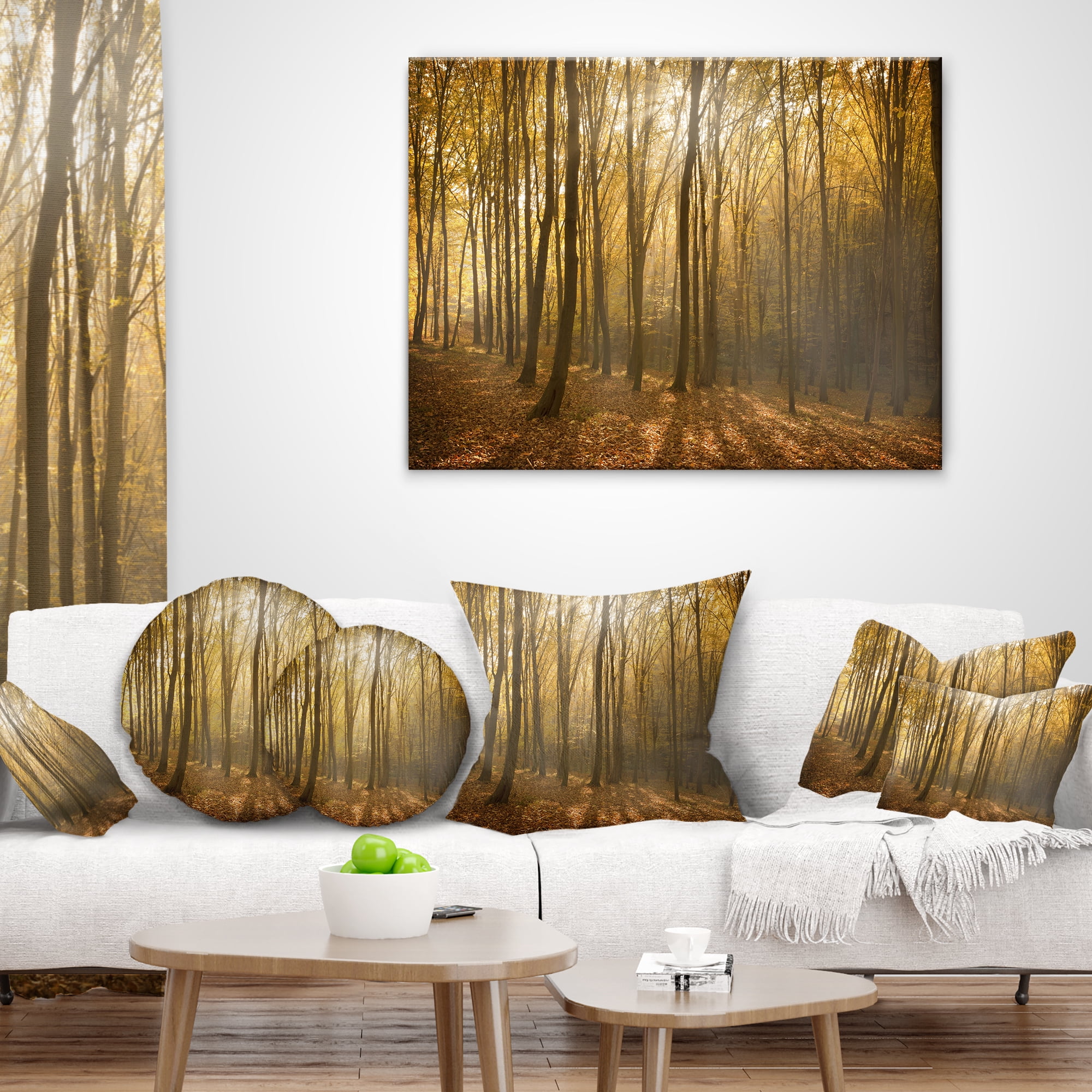 Designart Thick Green Fall Forest with Fog - Forest Throw Pillow - 16x16