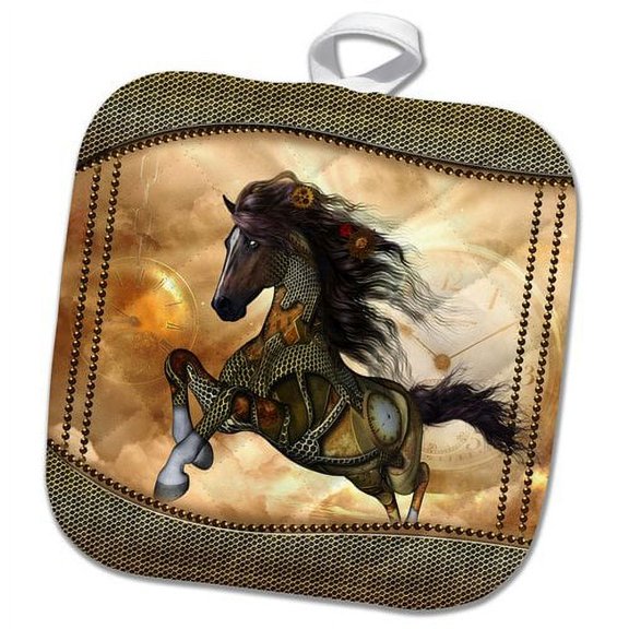 3dRose, Steampunk, wonderful steampunk horse, golden design, 8x8 Potholder