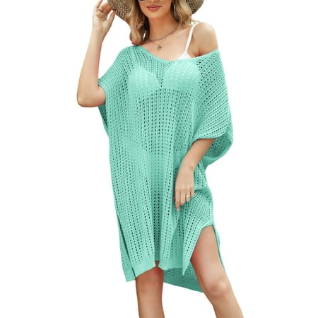 DAKIMOE Womens Swimsuit Cover Up Summer Casual Crochet Hollow Out Coverup Short Sleeve Bathing Suit Bikini Swimwear Beach Dress  Green