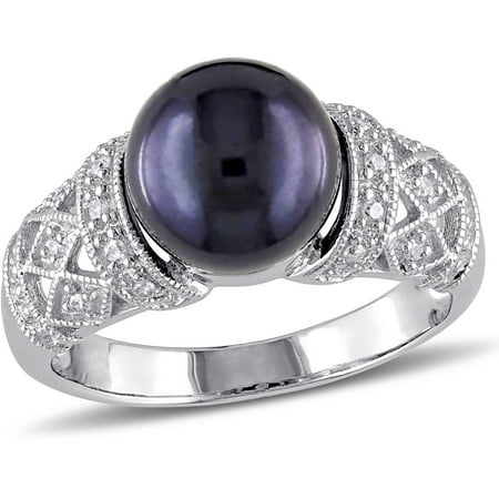 9mm-9.5mm Black Round Cultured Freshwater Pearl and Diamond-Accent Sterling Silver Cocktail Ring