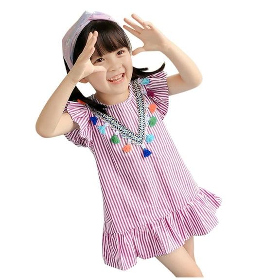 Zwiiyzr Toddler Girls Princess Dresses Ruffle Sleeve Tassels Stripe Print Dress Outfits Baby Clothes Pink