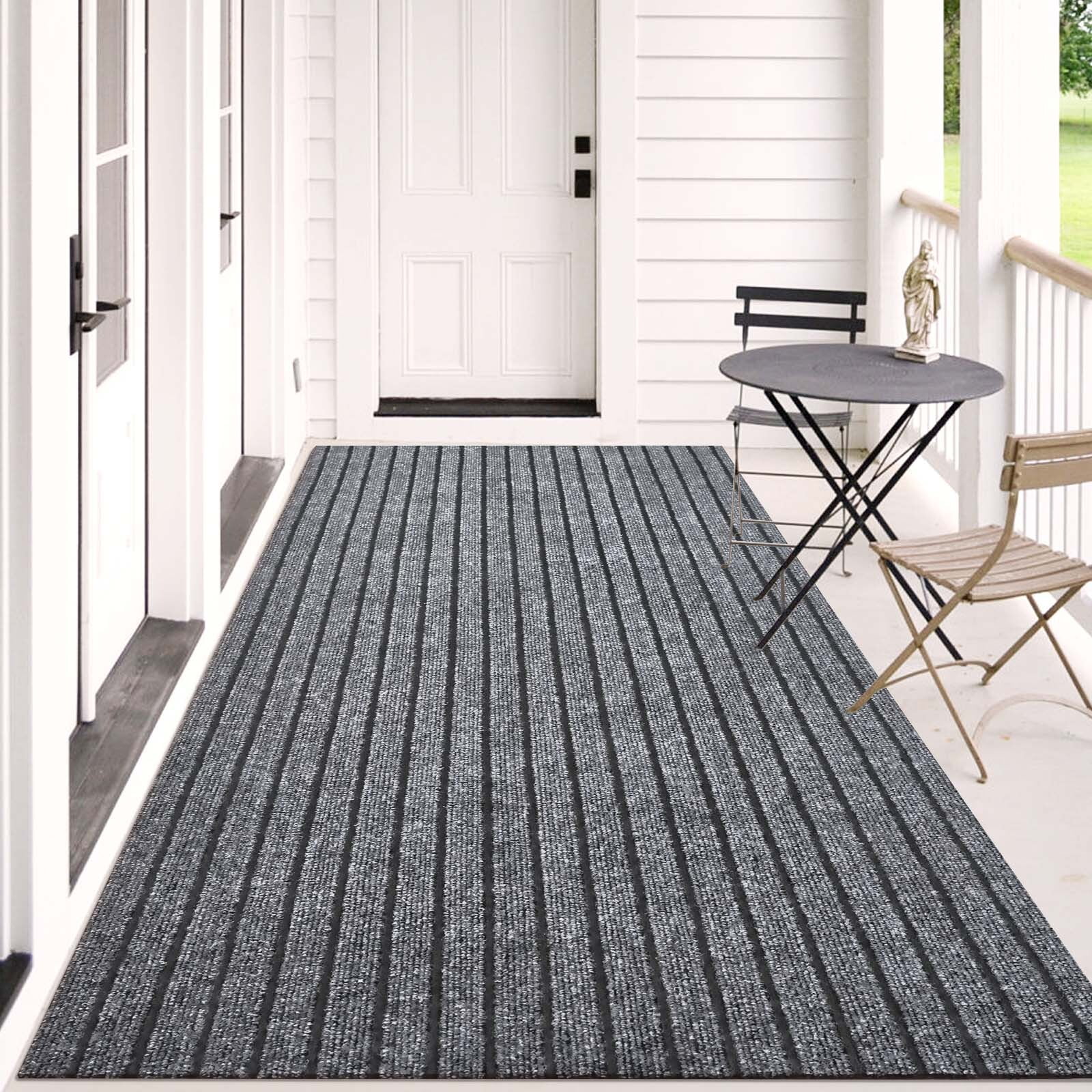 Morefany Outdoor Indoor Runner Rug Custom Size Rugs Non-Slip Hallway Carpet Runners with Rubber Backing Mat for Kitchen Entryway Garage Laundry 4ft x 17ft, Grey Striped