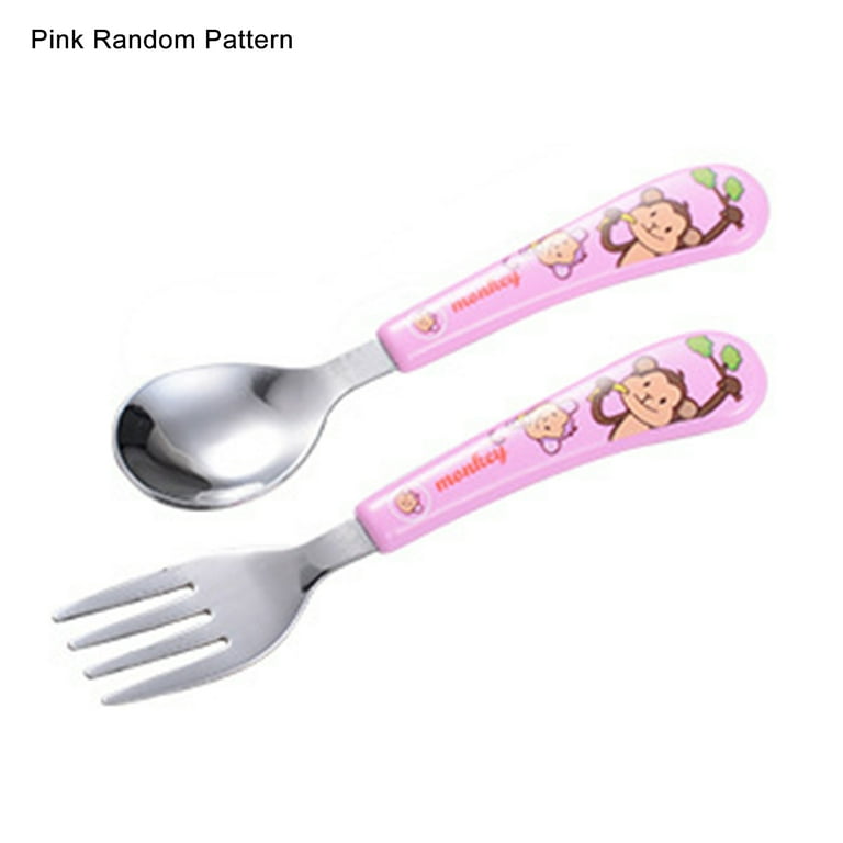 Baby Utensils Spoons Forks 2 Sets,toddlers Feeding Training Spoon,pink