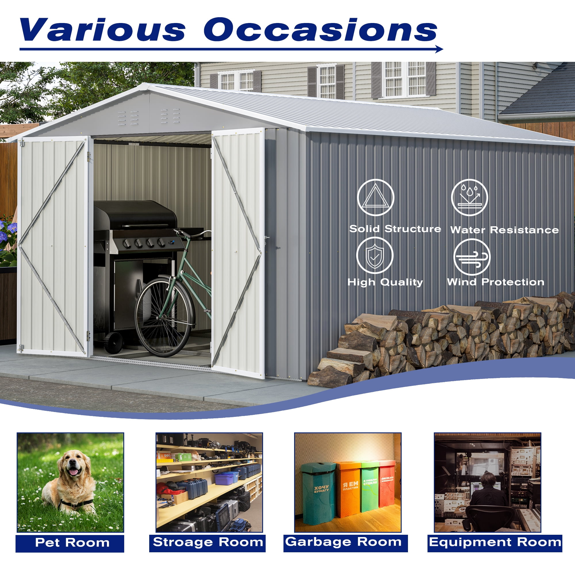 8' x 12' Outdoor Storage Shed with Floor Frame, Metal Garden Tool Shed for Backyard Patio Lawn, Securable Double Doors, Weather-Resistant, Grey