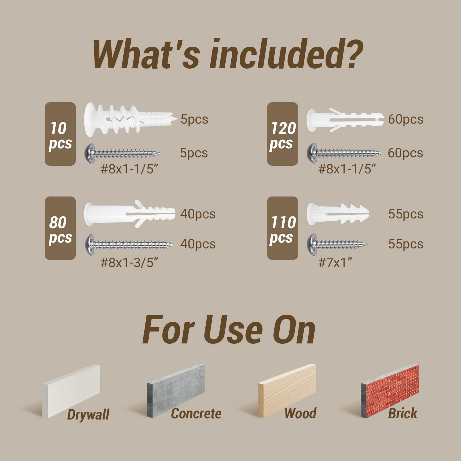 40Pcs Drywall Anchors and Screws Kit, Self Drilling Drywall Anchors Heavy Duty Holds 80lbs, No Drill Hole Required, #8 Phillips Head Screws Assortment Kit for Sheetrock/Plaster Walls(40)