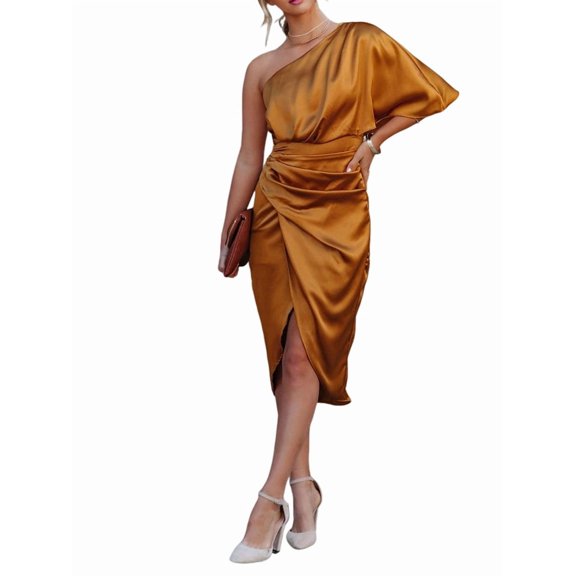Women'S Satin Dress One Shoulder Flutter Short Sleeve Ruched Bodycon Wrap Cocktail Wedding Guest Dresses Brown M